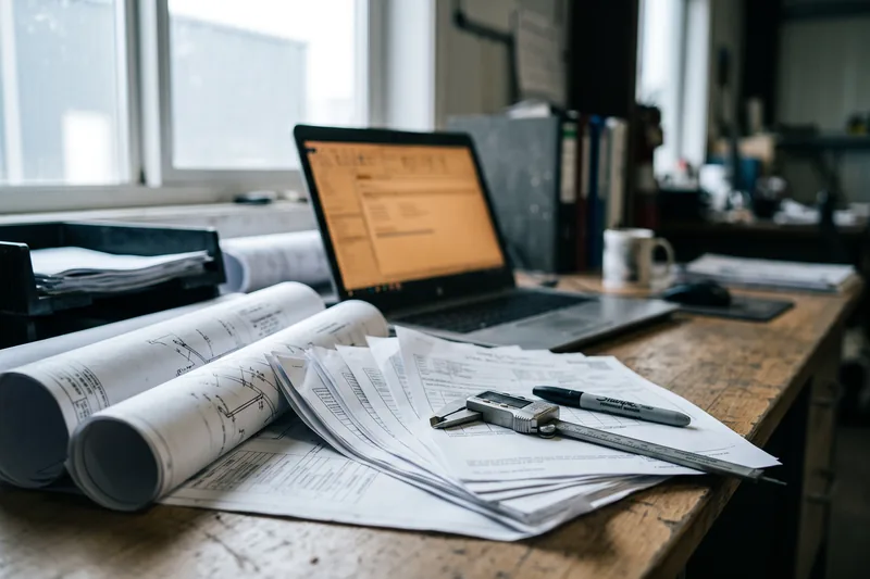 Rolled isometric drawings and a fanned stack of mill test certificates on a fabrication office desk.