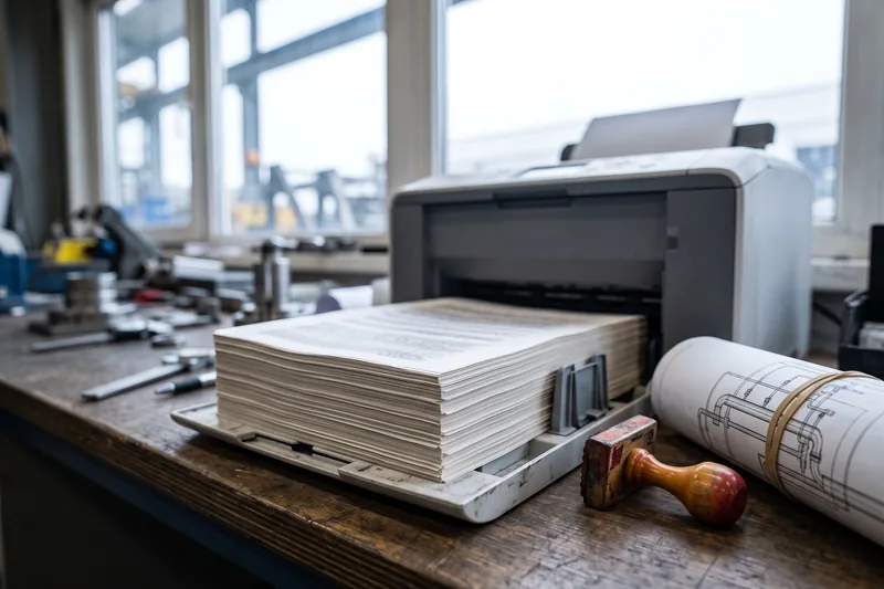 A freshly printed stack of QA records in a printer tray, with an inspection stamp and a rolled drawing.