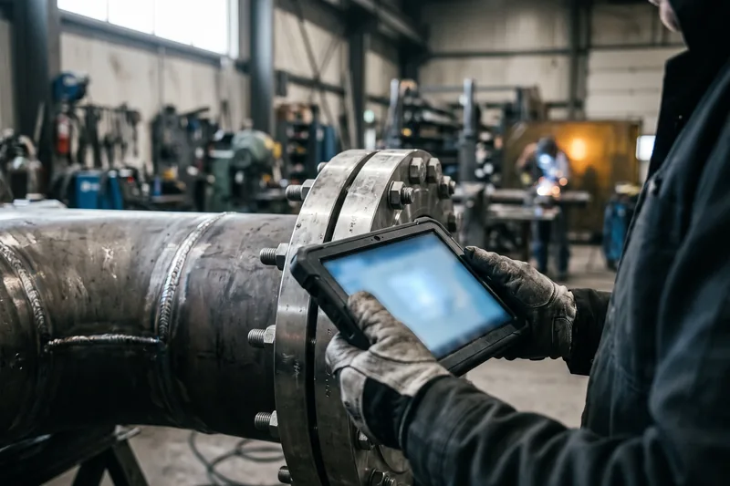 A gloved hand holding a rugged tablet beside a flanged stainless steel pipe spool on the shop floor.